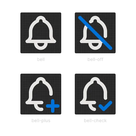 The bell, bell-off, bell-plus and bell-check icons, with the added marks highlighted
