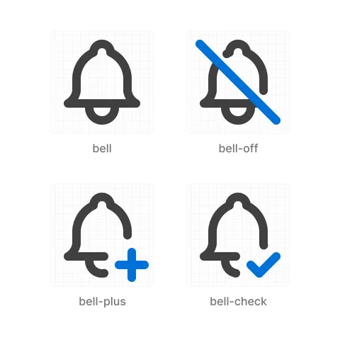 The bell, bell-off, bell-plus and bell-check icons, with the added marks highlighted