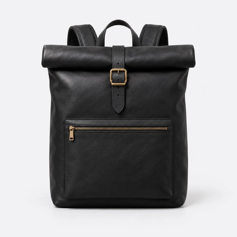 Black leather backpack, front view