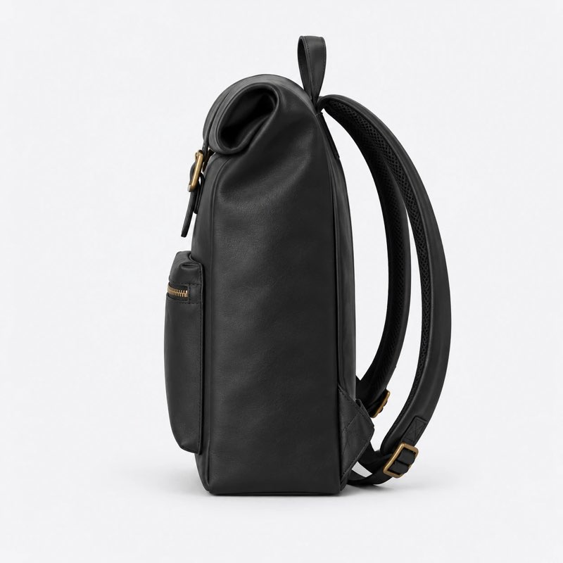 Black leather backpack, side view