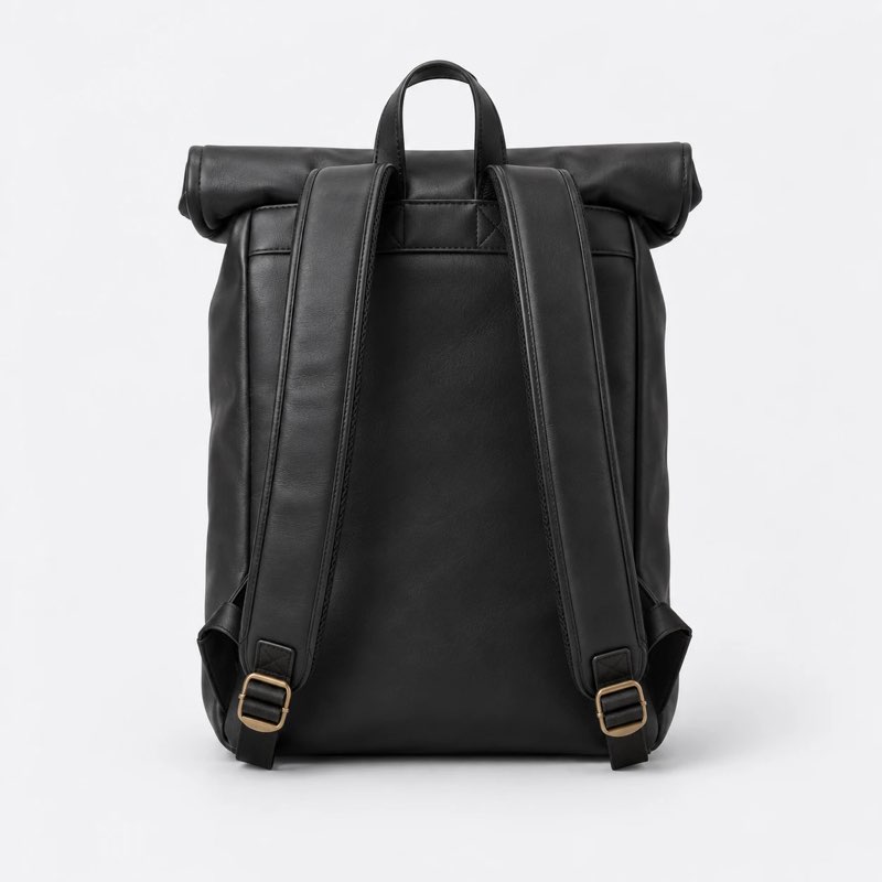 Black leather backpack, back view